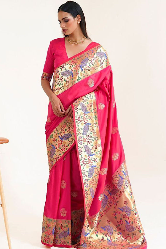 Pink Zari Woven Paithani Silk Saree