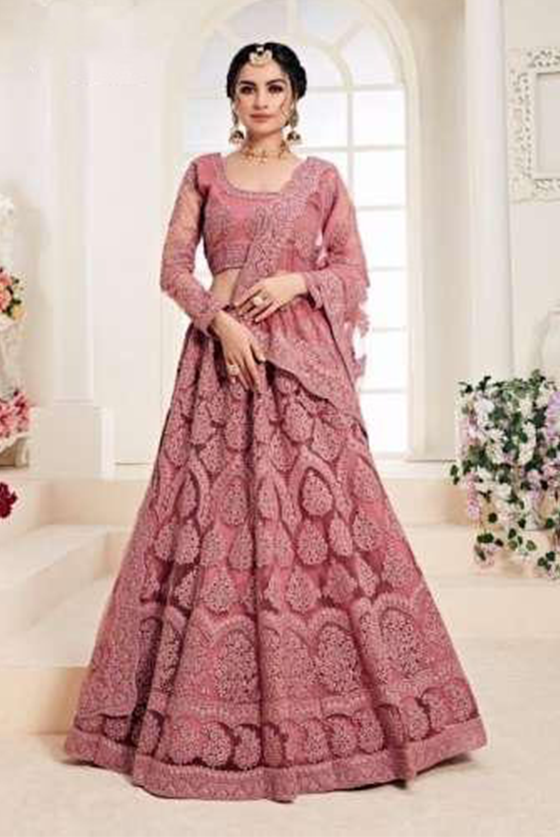 Pink  Embroidered Net Lehenga Choli