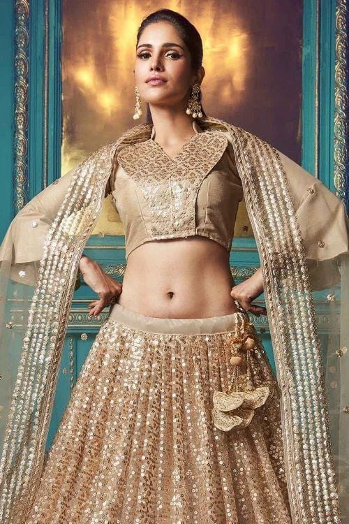 Sequence Gold Exclusive Soft Net Heavy Work Lehenga