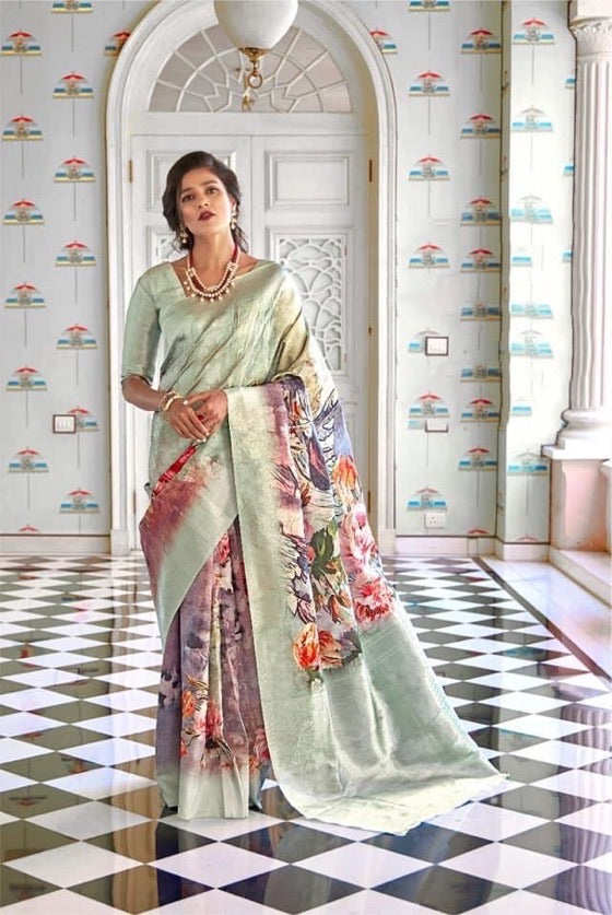 Floral Print Weaving Border Banarsi Silk Saree