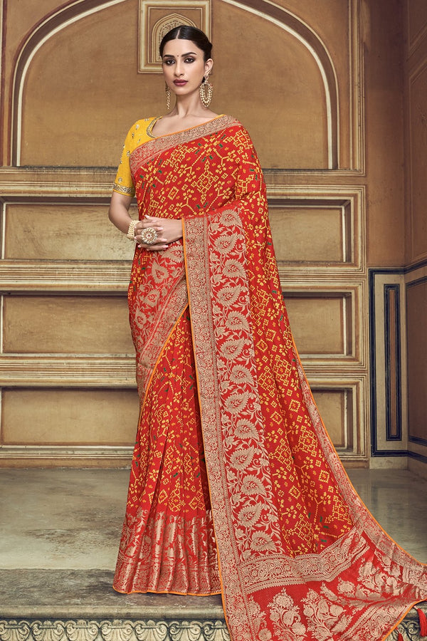 Bridal Red Woven Patola Saree With Banarasi Border And Designer  Embroidered Blouse