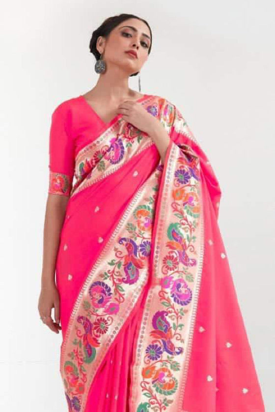 Pink Zari Woven Paithani Silk Saree