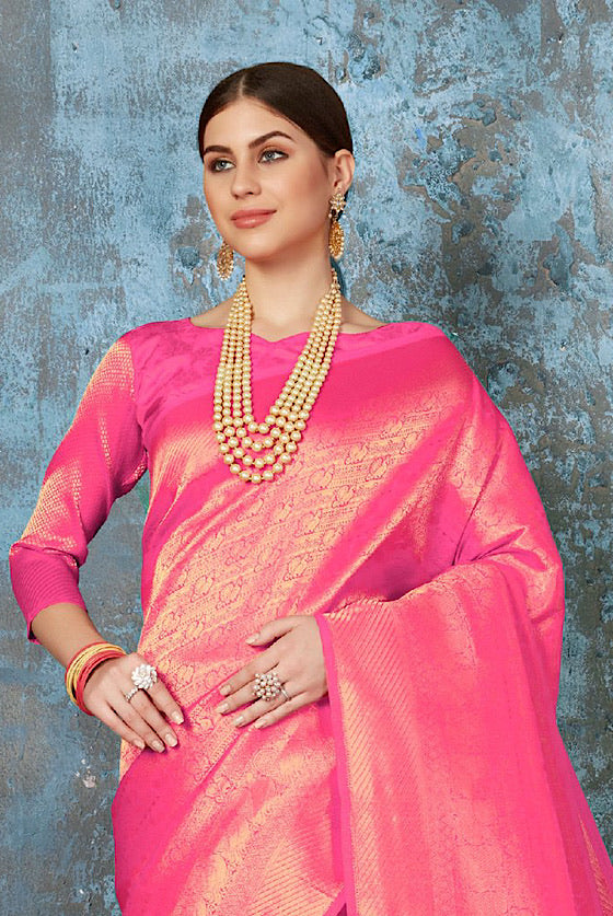 Hot Pink Zari Woven Kanjivaram Silk Saree