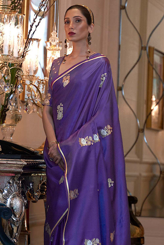 Lilac Purple Satin Silk Banarasi Saree