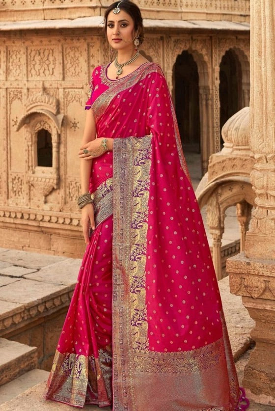 Magenta Zari Woven Banarasi Saree With Embroidered Blouse