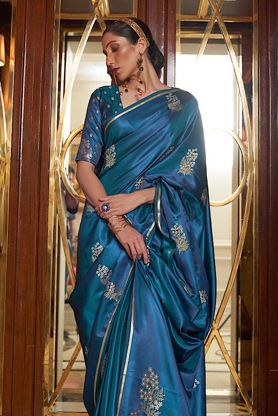 Yale Blue Satin Silk Banarasi Silk Saree