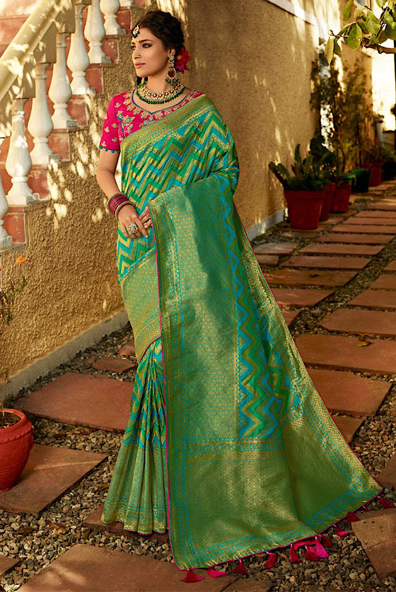 Jade Green Woven Silk Saree With Heavy Embroidery Blouse