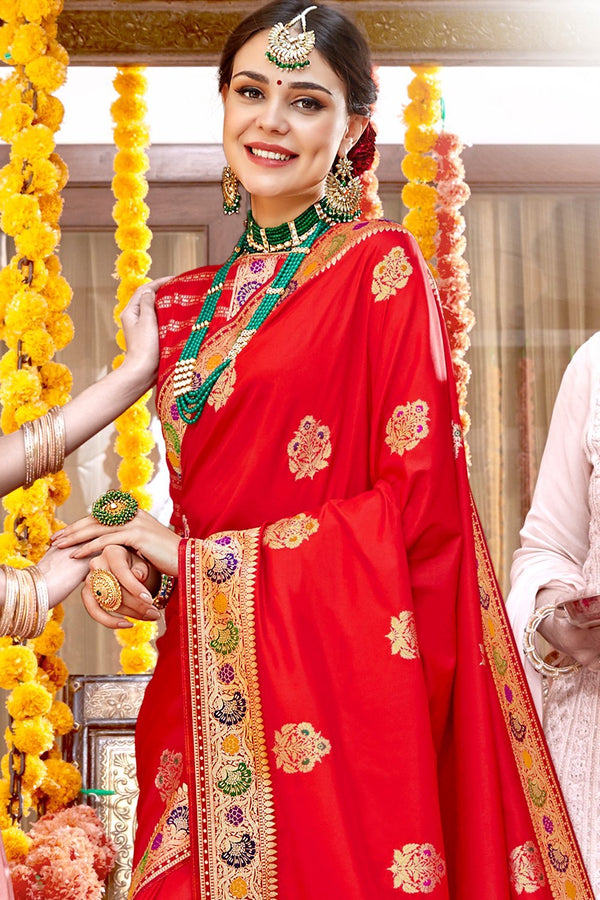 Gorgeous scarlet red banarasi saree