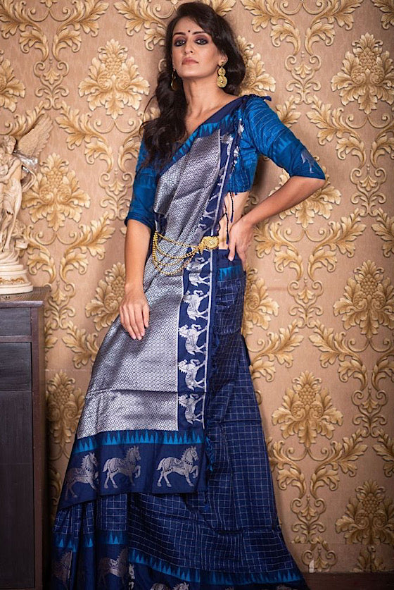 Berry Blue Raw Silk Saree With All Over Zari Checks