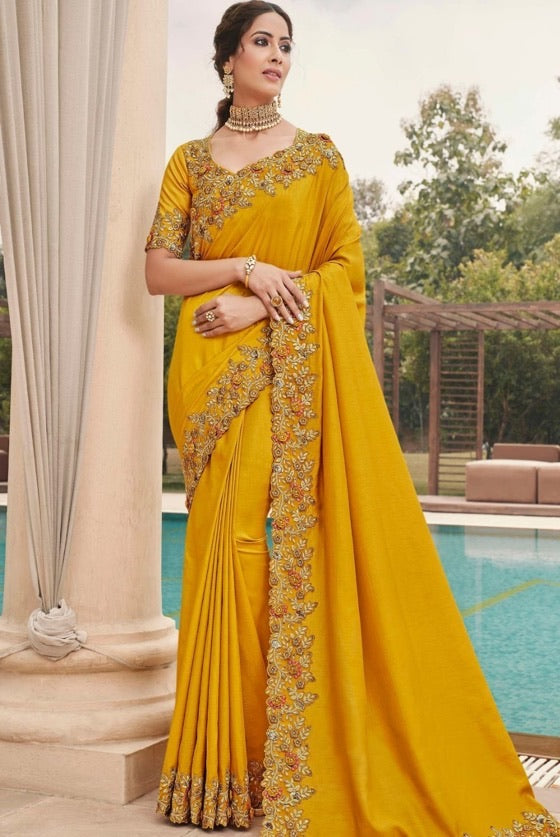 Golden Yellow  Designer Satin Georgette Saree With Embroidered Blouse