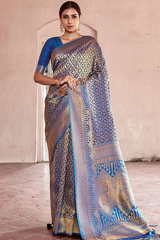 Blue Kanjivaram Silk Saree With Swaroski Work