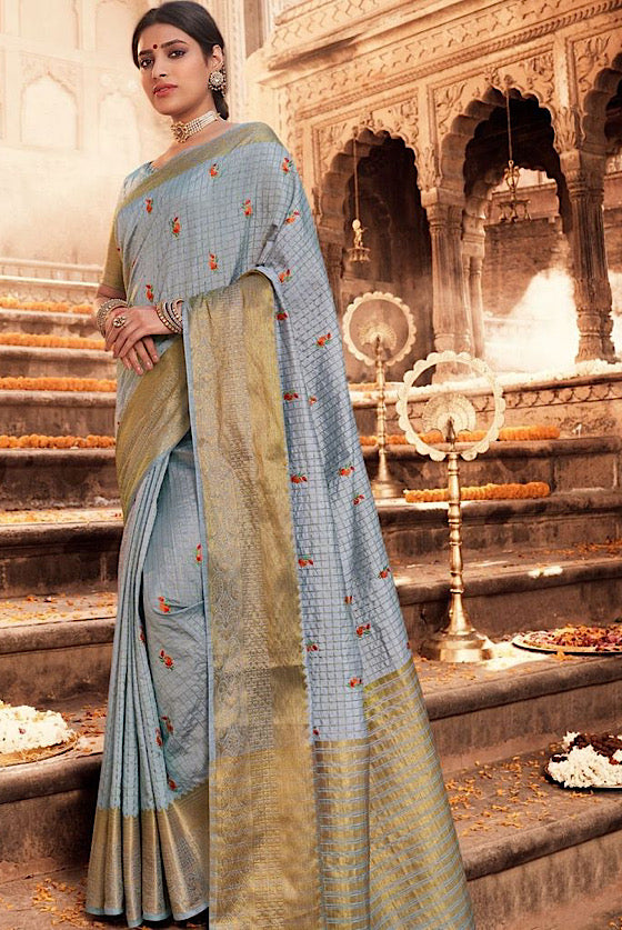 Dolphin Grey Banarasi Chanderi Woven Silk Saree With All Over Embroidery Buttas