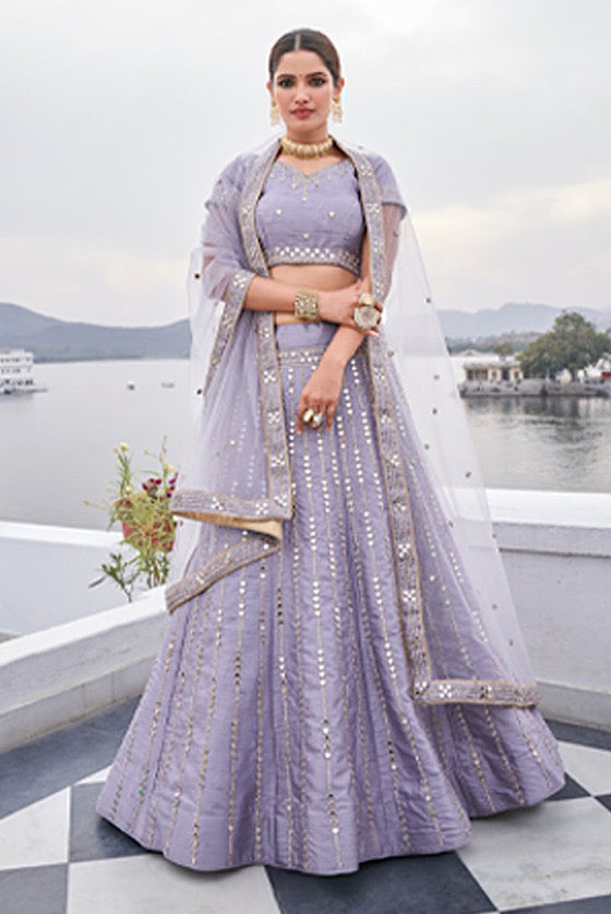 Lavender Heavy Mirror Embroidered Lehenga With Dupatta .