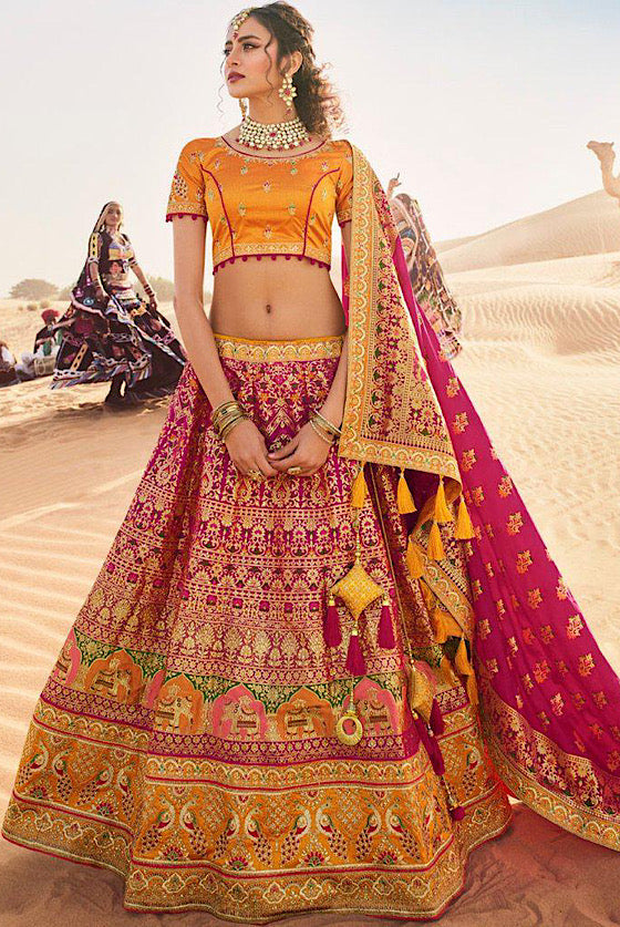 Hot Pink Embroidered Banarasi Silk Lehenga Choli .