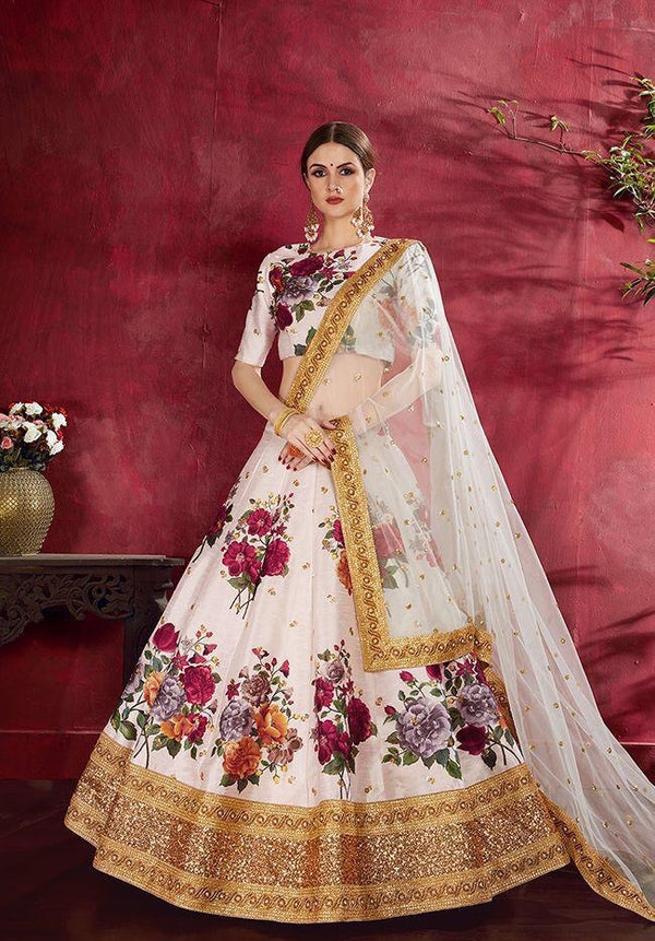 Beautiful White Floral Silk Lehenga To Celebrate Wedding..