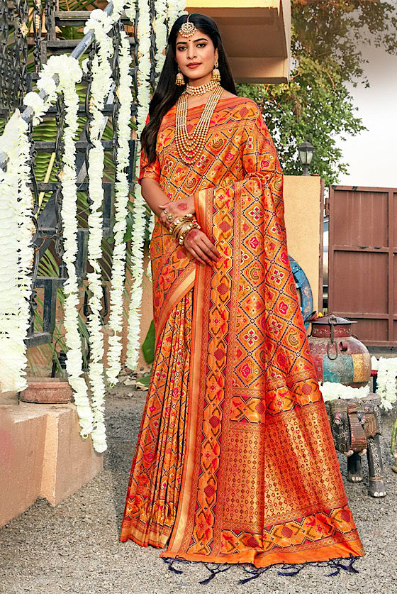 Burnt Orange Woven Banarasi Patola Silk Saree