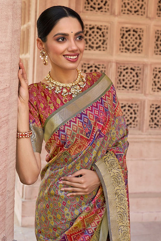 Subtle Brown  Banarasi Border  Saree With Kashmiri Floral  Print