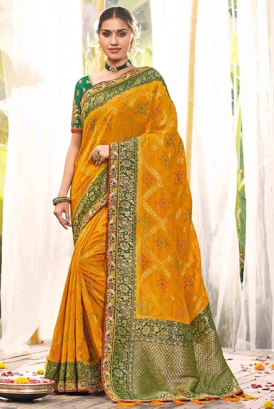 Mustard Green Banarasi Embroidered Blouse Silk Saree