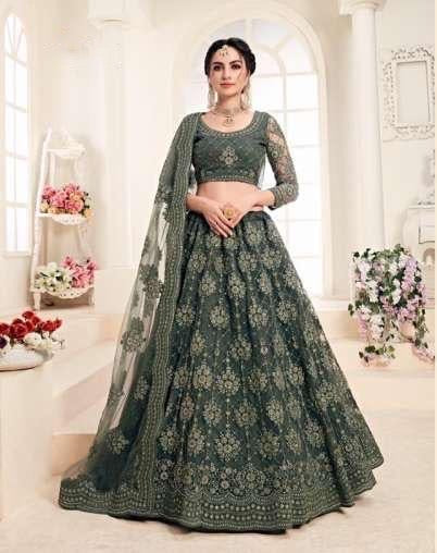 Green Embroidered Net Lehenga Choli