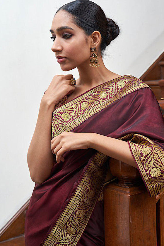 Maroon Banarasi Silk Saree With Embroidered Brocade Blouse