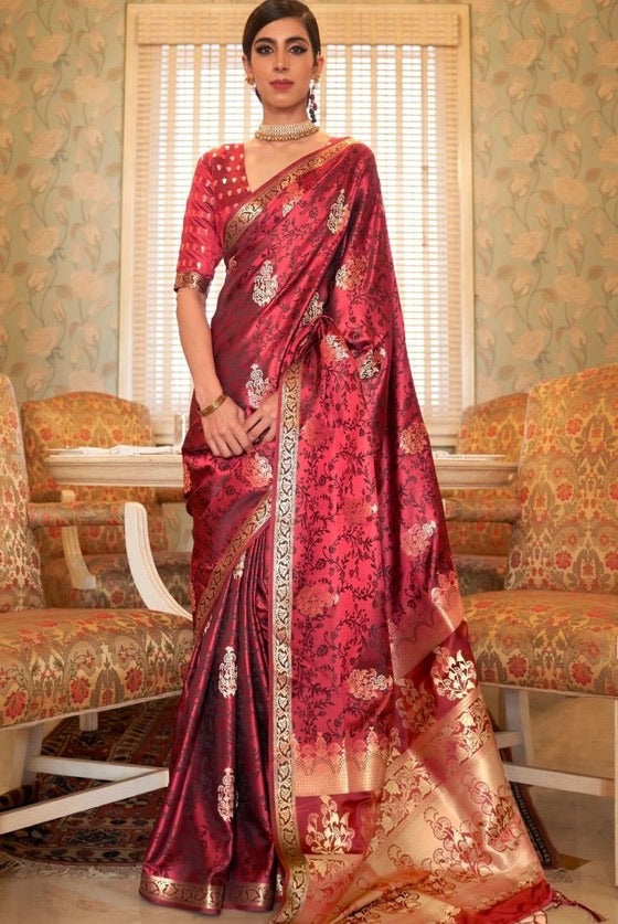 Maroon Red Zari Woven Jamewar  Silk Saree