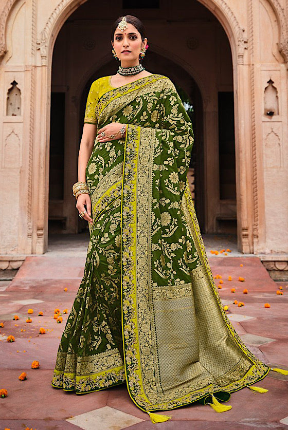 Moss Green Embroidered Blouse Banarasi Saree