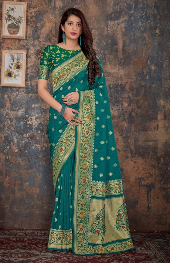 Cyan Green Paithani Patola Silk Saree