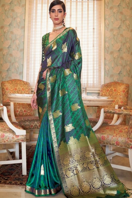 Forest Green Zari Woven Jamewar Silk Saree