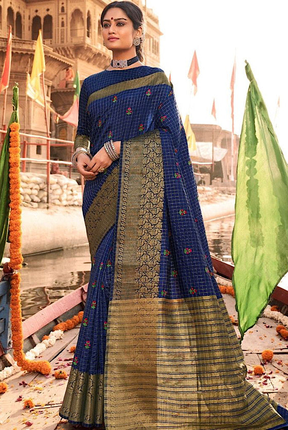 Navy Blue Banarasi Chanderi Woven Silk Saree With All Over Embroidery Butta