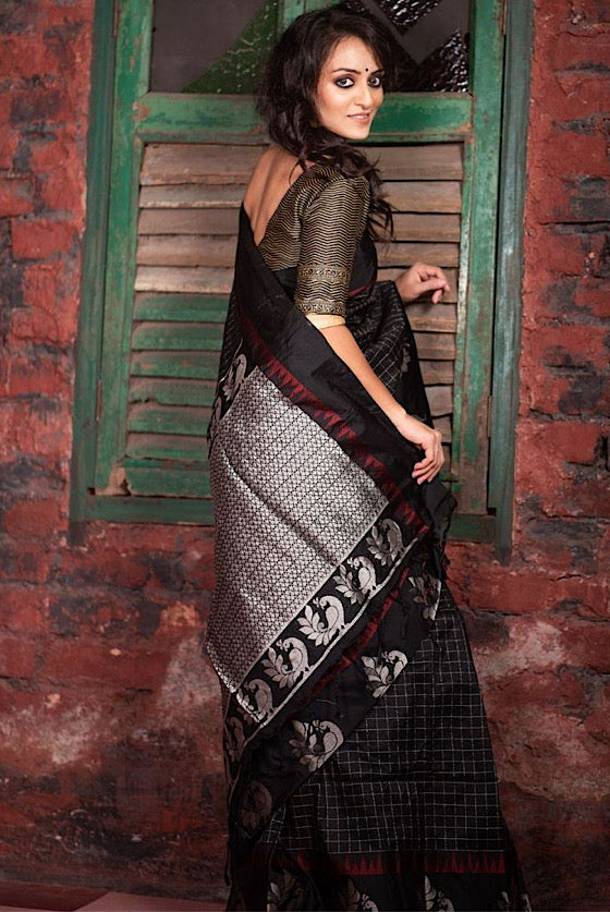 Pebble Black Raw Silk Saree With All Over Zari Checks