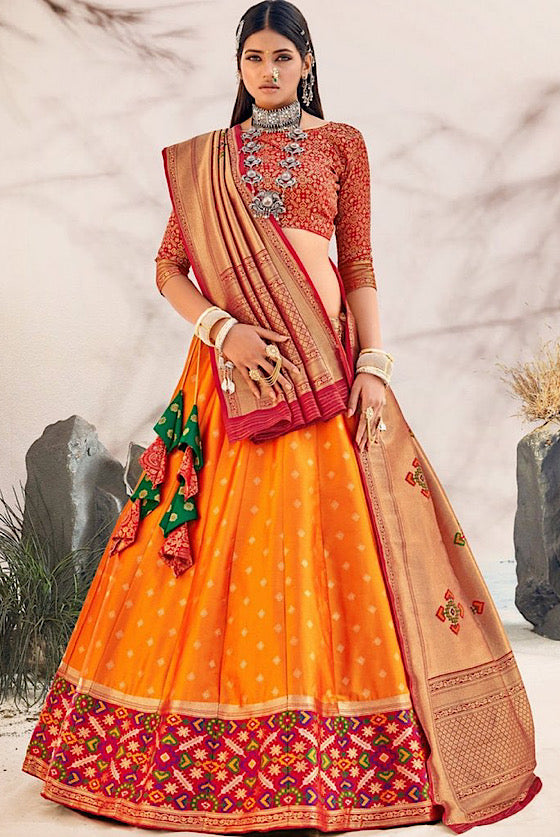 Orange Patola Lehenga Choli With Blouse & Dupatta