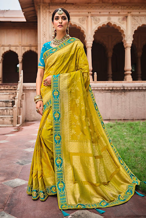 Metallic Yellow Embroidered Blouse Banarasi Saree