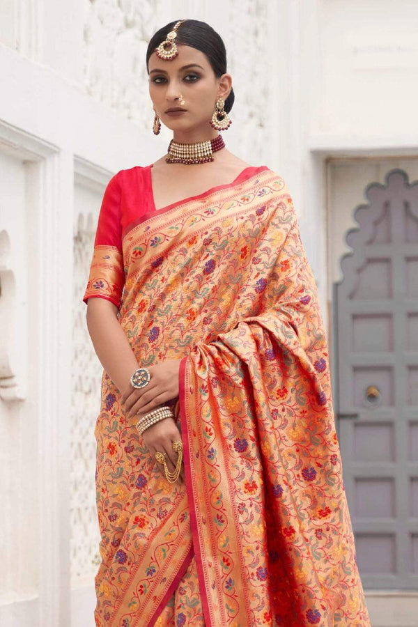 Crimson Red Gold Weaved Paithani Silk Saree