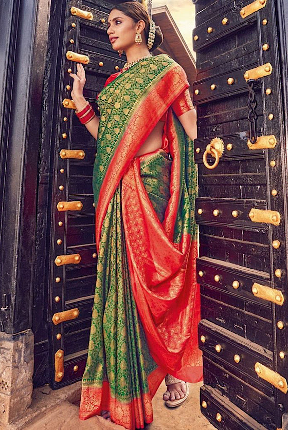 Forest Green  With Red Woven Kanjivaram Silk Saree