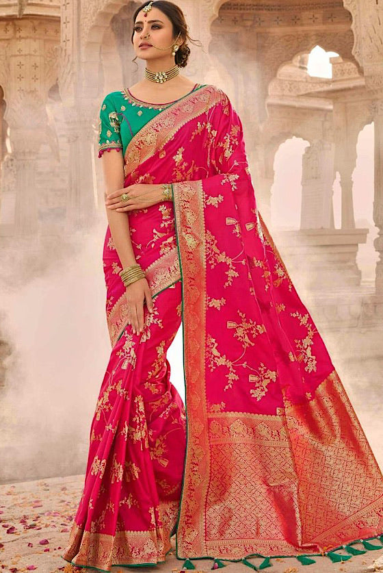 Ruby Pink Zari Woven Banarasi Saree With Embroidered Blouse