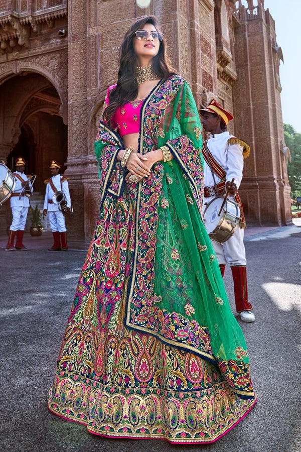 PINK,GREEN EMBROIDERED SILK LEHENGA WITH EMBROIDERED BLOUSE AND NET DUPATTA