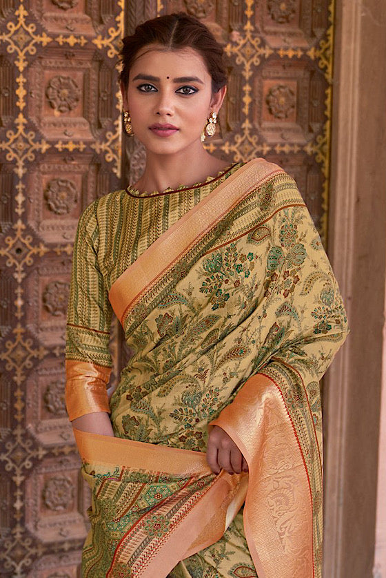 Moss Green Banarasi Border  Saree With Kashmiri Floral  Print