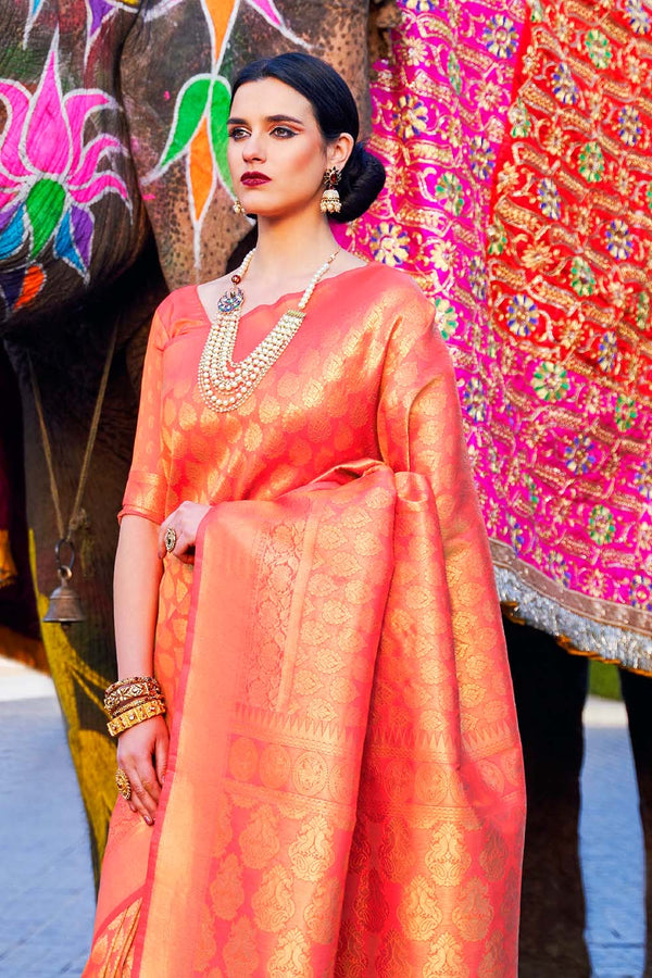 Orange Gold Zari Woven Kanjivaram Silk Saree