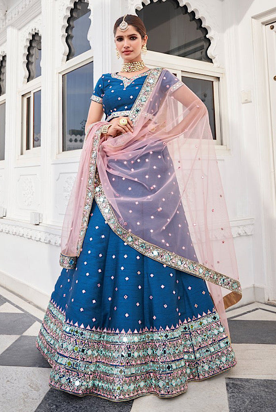 Blue Heavy Mirror Embroidered Lehenga With Dupatta .