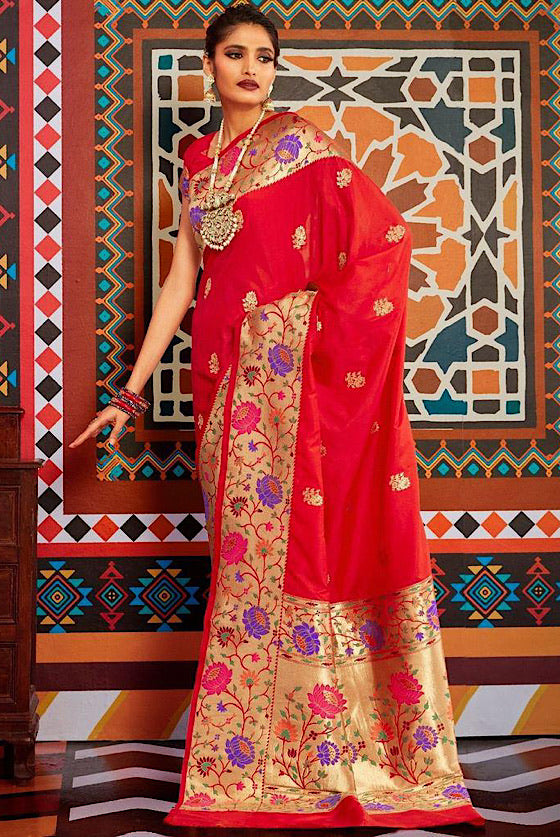 Bright Red Woven Paithani Silk Saree