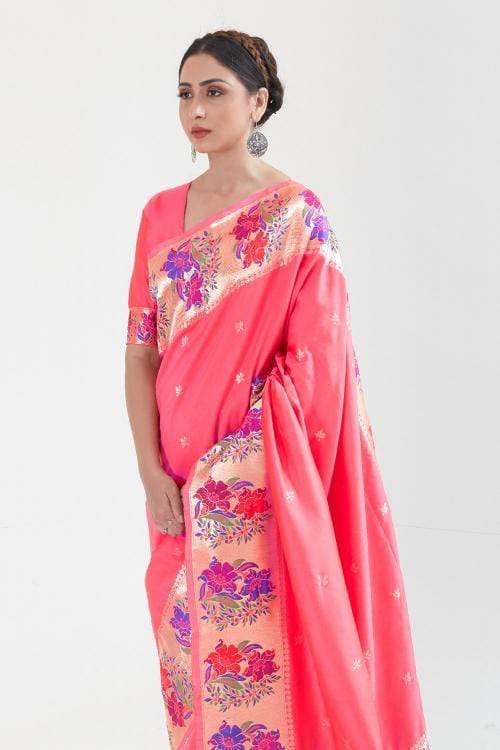 Rose Pink Zari  Woven Paithani Silk Saree