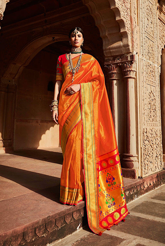 Metallic Orange Woven Paithani Silk Saree