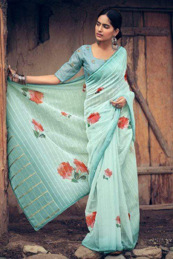 Cyan Blue Floral Organza Saree