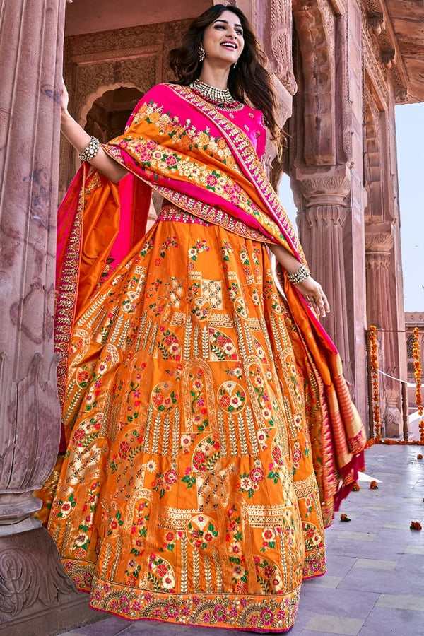 TANGERINE ORANGE EMBROIDERED SILK LEHENGA WITH EMBROIDERED BLOUSE AND DUPATTA