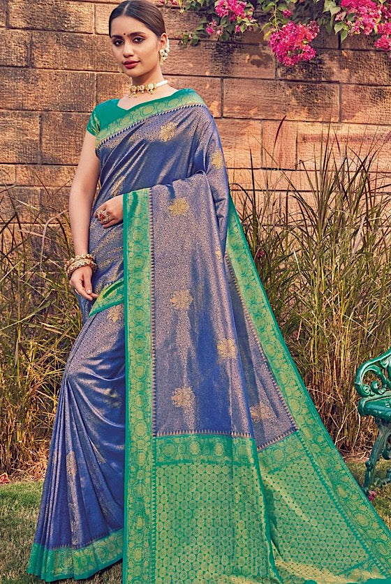 Persian Blue With Green Woven Kanjivaram Silk Saree