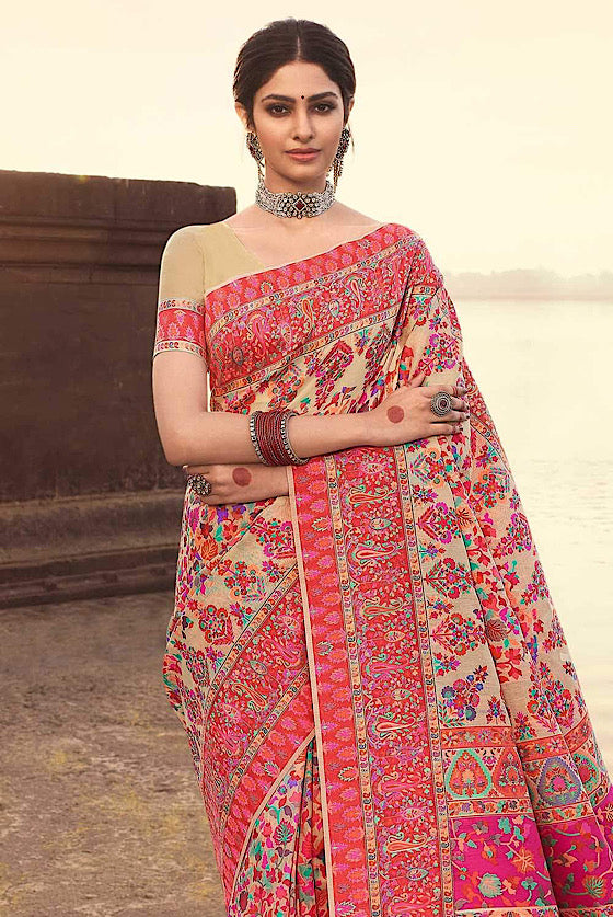 Cream Multicoloured Woven Kashmiri Silk Saree