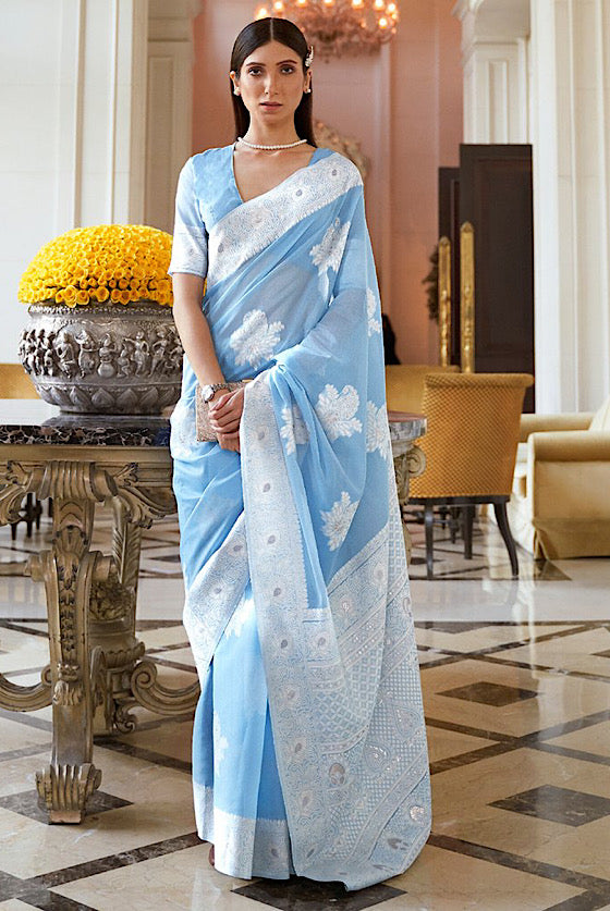 Misty Blue Lucknowi Chikankari Saree