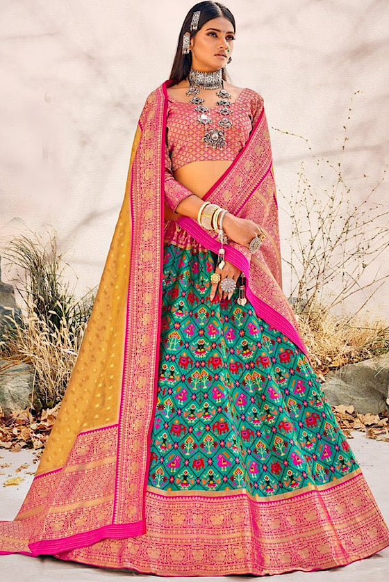 Tiffany Blue Patola Lehenga With Kanjivaram Border & Dupatta