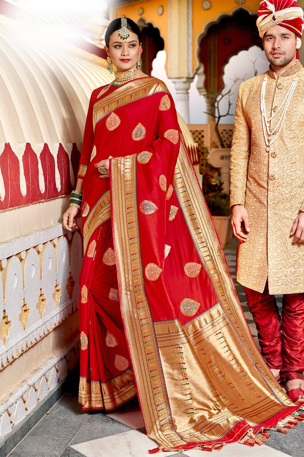 Gorgeous jam red banarasi saree