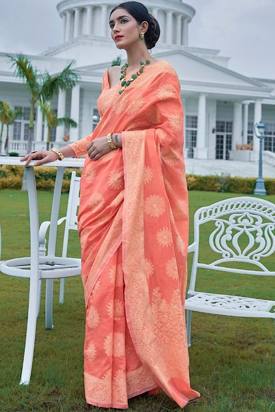 Peach  Pink Lucknowi Chinkari Saree